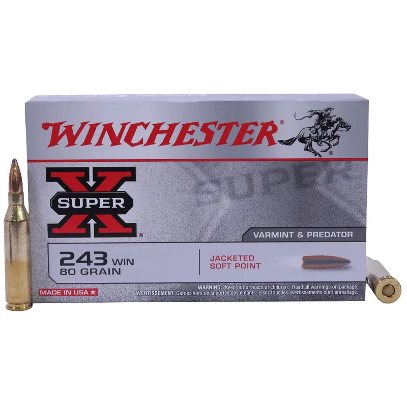 243 Winchester Hunting Ammo – 80-Grain Remington Super-X Pointed Soft Point (20-Pack) 1