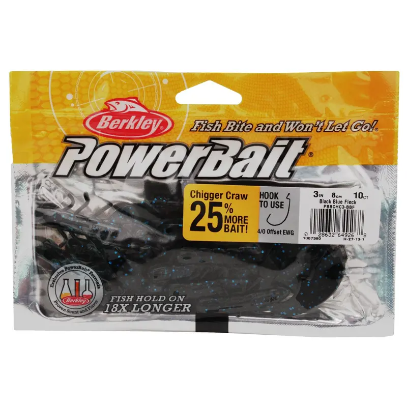 Berkley Powerbait Chigger Craw Soft Plastic Bait – 3-Inch Black With Blue Fleck (Pack Of 10) 1