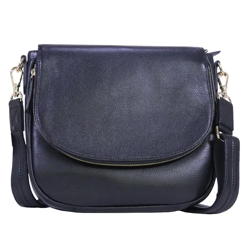 Black Cowhide Drop-Flap Front Satchel Handbag 1
