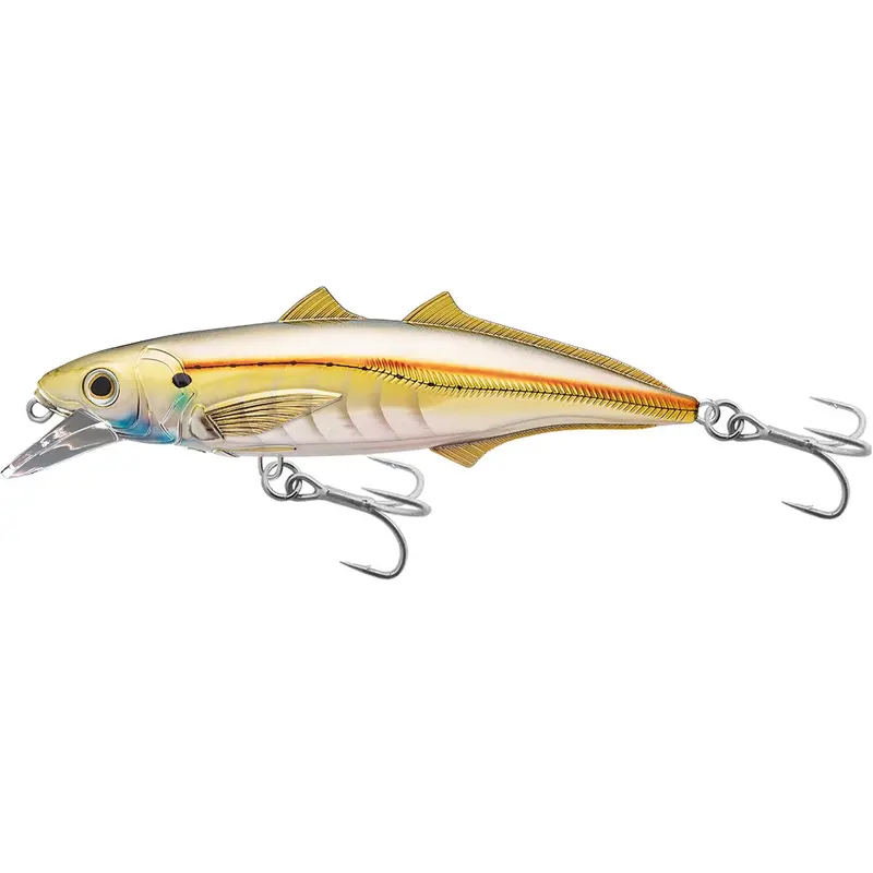 Cigar Minow Jerkbait – Saltwater Fishing Lure, 4.5", #1-0 Hook, 2–4 Ft Depth, Pearl-Gold Finish 1