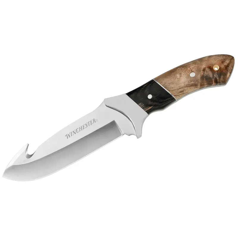 Large Burl Wood Fixed-Blade Knife With Guthook Edge 1
