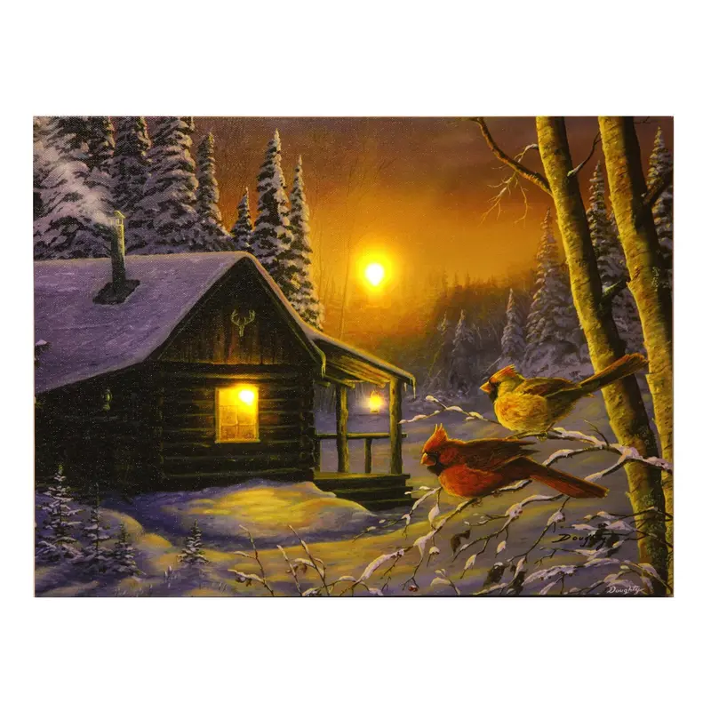 Led Backlit Wall Art: Rustic Cabin Scene With Cardinals – 16 X 12 Inches 1
