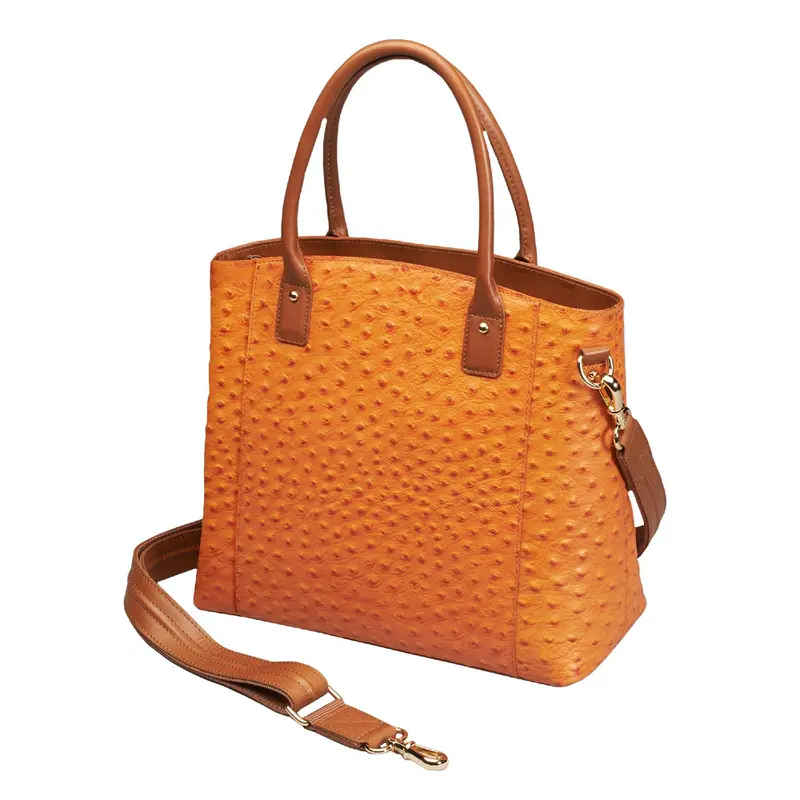 Orange Ostrich-Embossed Cowhide Tote Bag 1