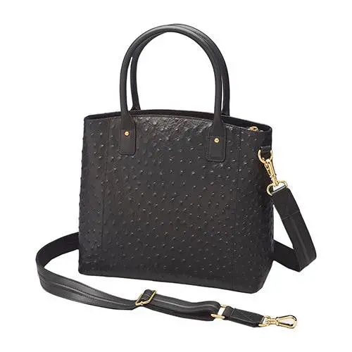 Ostrich-Embossed Cowhide Tote Bag – Sleek Black Finish 1