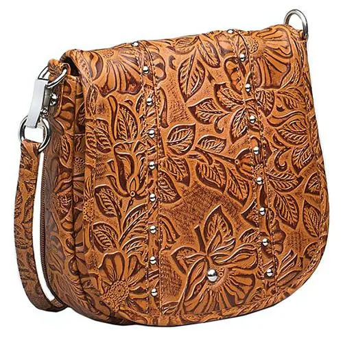Studded Tooled Cowhide Flap Bag – Earthy Tan Finish 1