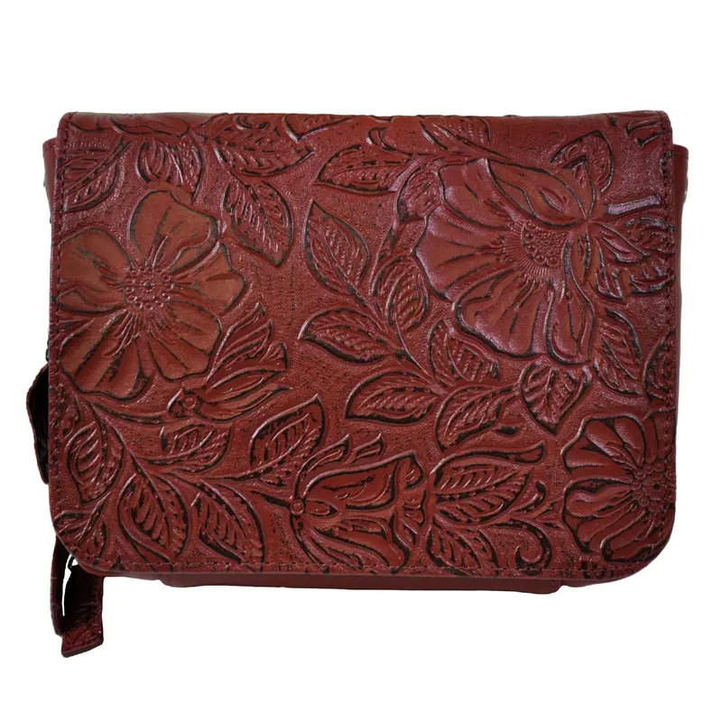 Tooled Cowhide Crossbody Organizer – Cherry Red Finish 1